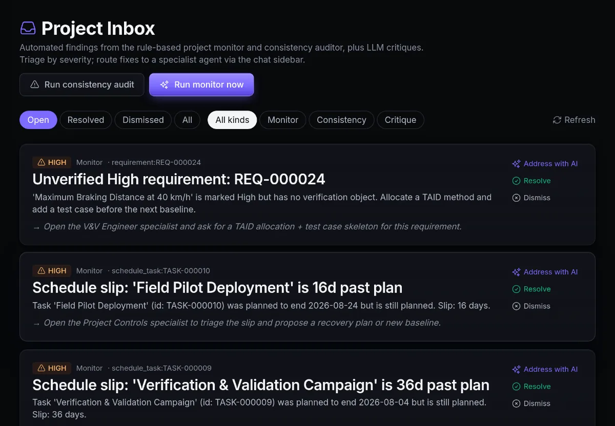 Ngenaire project inbox showing high-severity findings for an unverified requirement and slipping schedule tasks